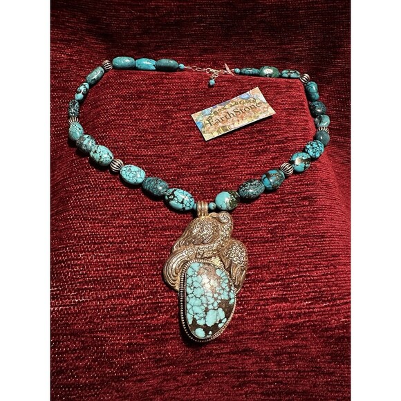 HNDMD Tibetan Turquoise and Silver Pendant on Turquoise and Silver Bead Necklace - Picture 1 of 14
